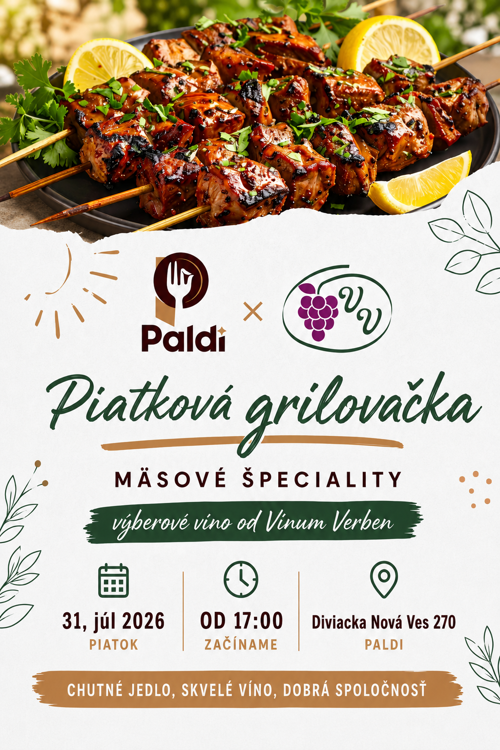 Plagát Piatková Grilovačka u Paldiho – grilovacie menu, 19. jún 2026 o 17:00, Diviacka Nová Ves 270.