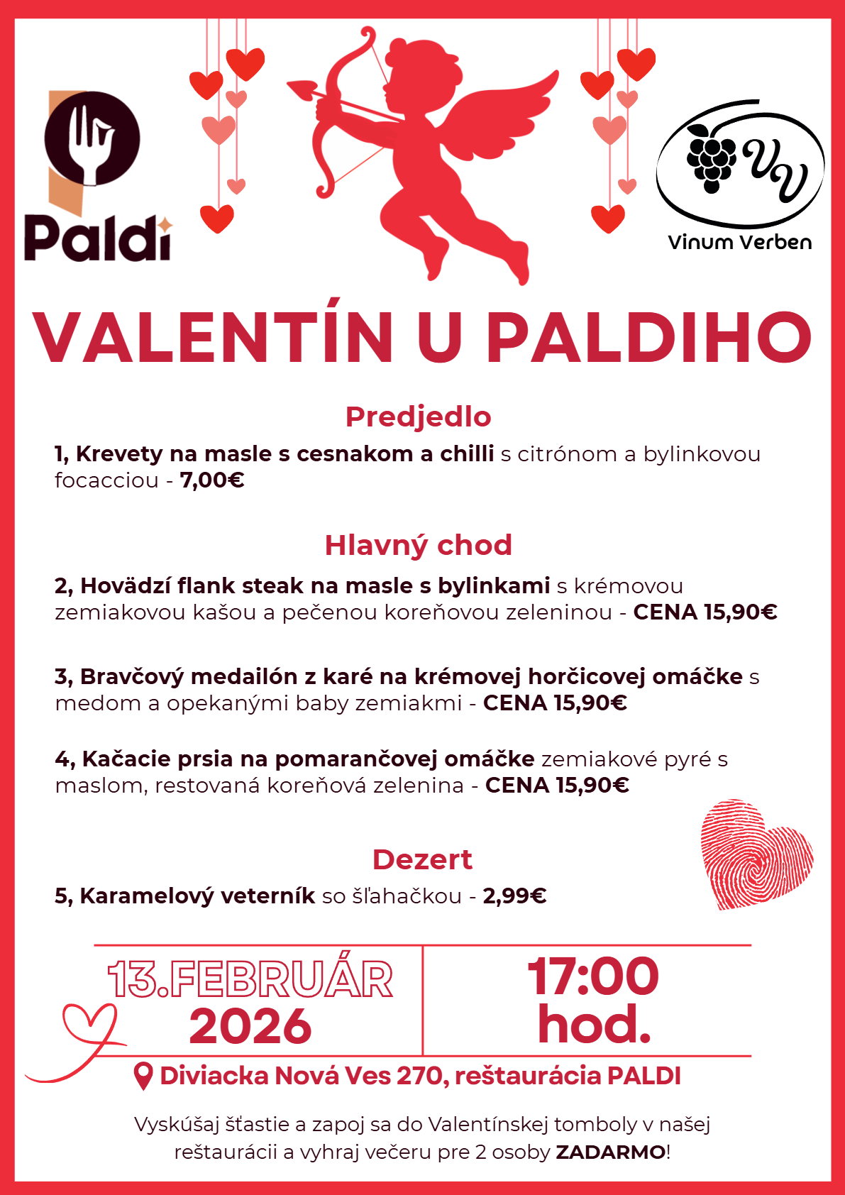 Plagát Valentín u Paldiho – valentínske menu, 13. február 2026 o 17:00, Diviacka Nová Ves 270.